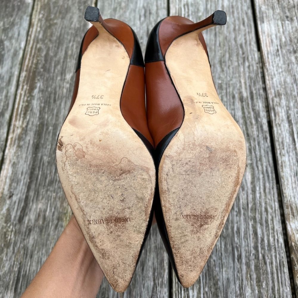 Manolo Blahnik Colorblock Leather Pumps in Black and Cognac Brown 37.5 - Picture 10 of 15
